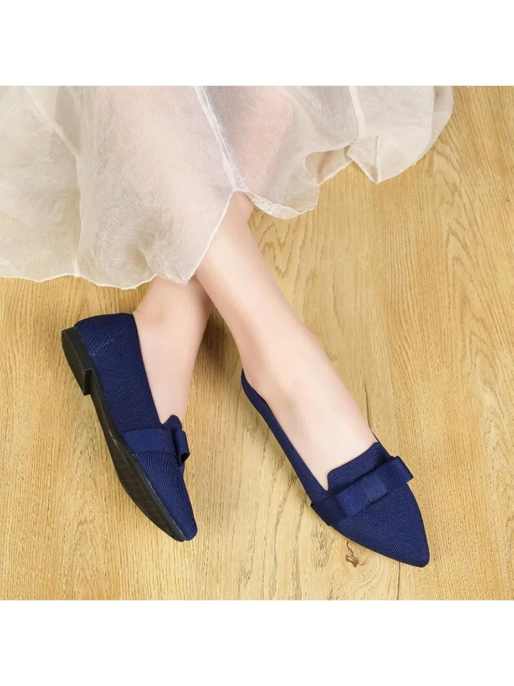 Women's Navy Rubber Soft Knit Breathable Pointed Toe Ballet Flats Casual Shoes